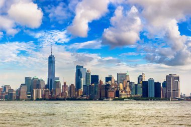 New York 'un New York şehrinin gün batımındaki panoramik manzarası, New York, ABD