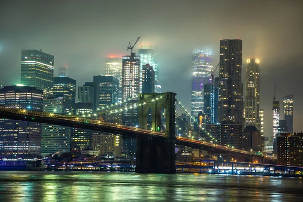 Most Brooklyński Panoramiczny Widok Centrum Manhattanu Zachodzie Słońca Nowym Jorku — Zdjęcie stockowe