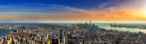 Panorama of Manhattan at sunset in New York City, NY, USA