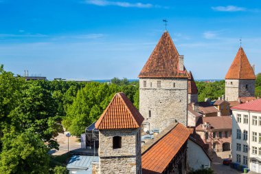 Eski Tallinn kasabasındaki kale kuleleri güzel bir yaz günü, Estonya