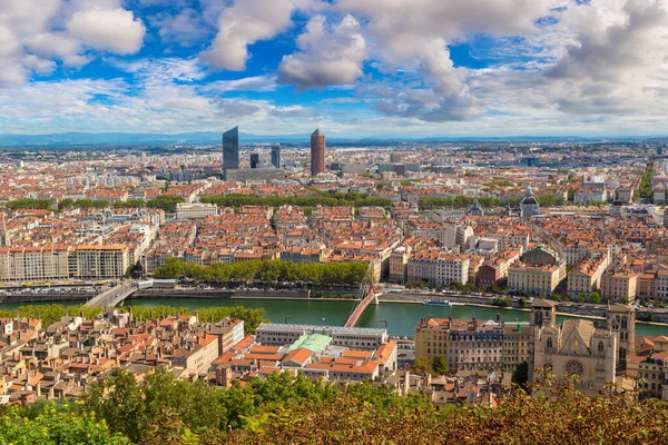 Aerial Panoramautsikt Över Lyon Frankrike Vacker Sommardag — Stockfoto