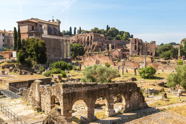 Ancient ruins of Forum  in a summer day in Rome, Italy