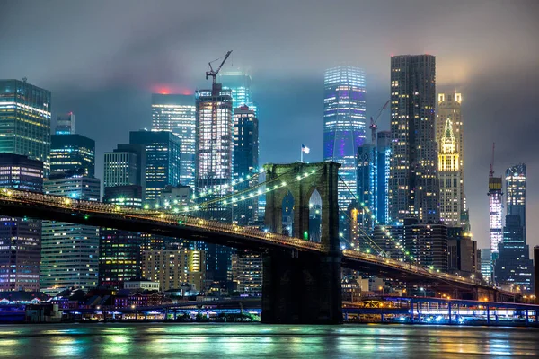 Brooklynský Most Panoramatický Noční Pohled Centrum Manhattanu Západu Slunce New — Stock fotografie