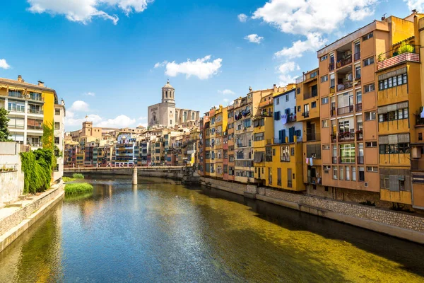 Casas Coloridas Catedral Santa María Fondo Girona Hermoso Día Verano — Foto de Stock