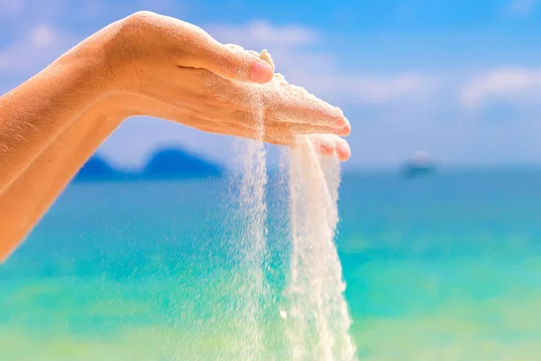 White Sand Falling Woman Hands Tropical Beach — Stock Photo, Image