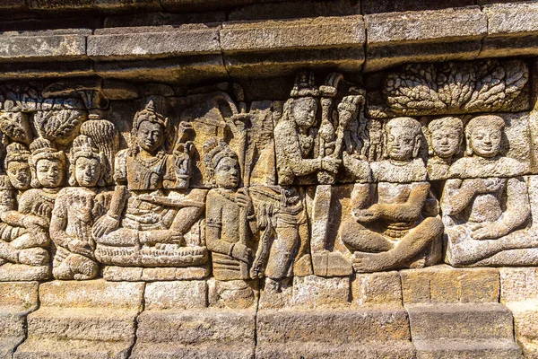 Relief Sculptures Historiques Sur Temple Buddiste Borobudur Près Yogyakarta Java — Photo
