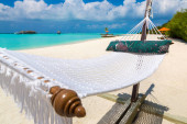 Картина, постер, плакат, фотообои "romantic cozy hammock at tropical paradise ocean beach in a sunny summer day", артикул 614741930
