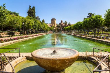 İspanya 'nın güzel bir yaz gününde Cordoba' daki Alcazar de los Reyes Cristianos 'un ünlü bahçelerinde çeşme.