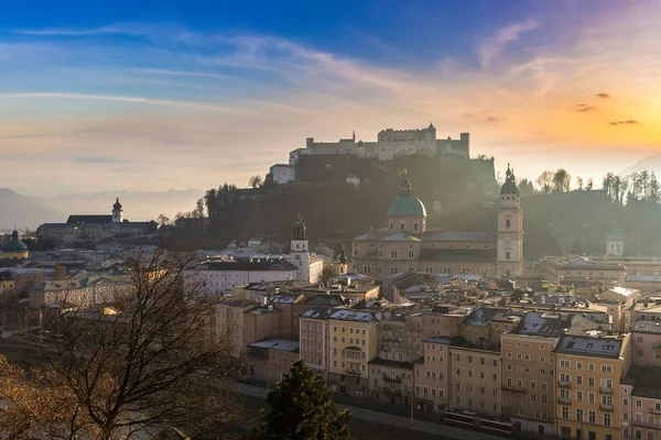 Panorámás Kilátás Nyílik Salzburgi Székesegyház Festung Hohensalzburg Ausztria Egy Gyönyörű — Stock Fotó