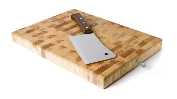 Kitchen board and hatchet isolated on white background. — Stock Photo, Image