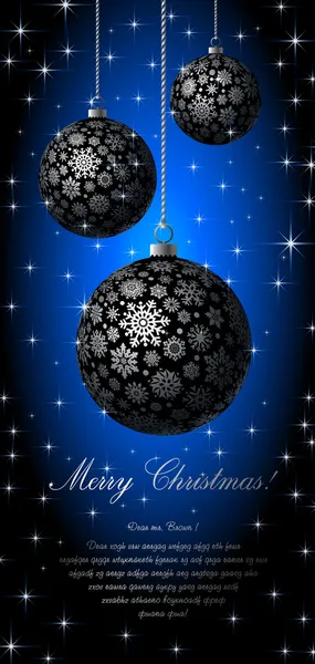 Merry Christmas card with silvery balls on blue background. — Stock Vector