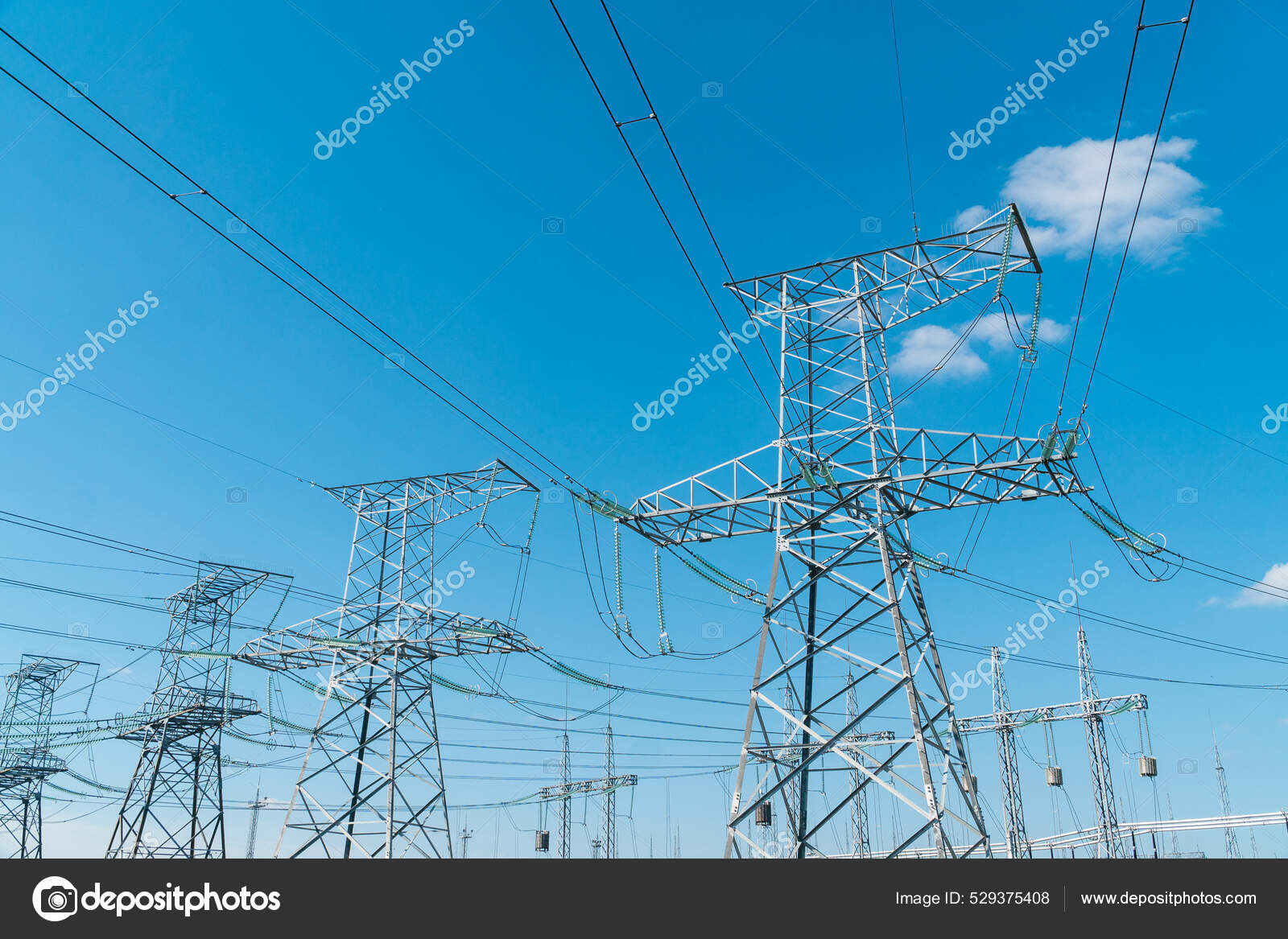 High Voltage Power Lines Modern Electric Energy Industry Stock Photo by