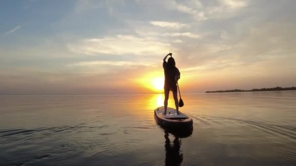 Женская Фигура Стоящая Доске Плывущая Заходящим Летним Солнцем Водные Виды — стоковое видео