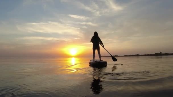 Жіноча Фігура Стоїть Дошці Пливе Місце Літнього Сонця Водні Види — стокове відео