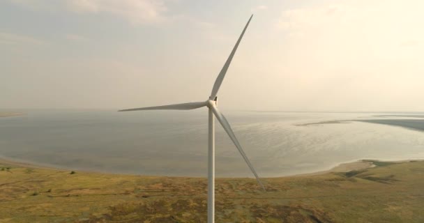 Aerial Shot Spinning Wind Turbine Water — Stock Video
