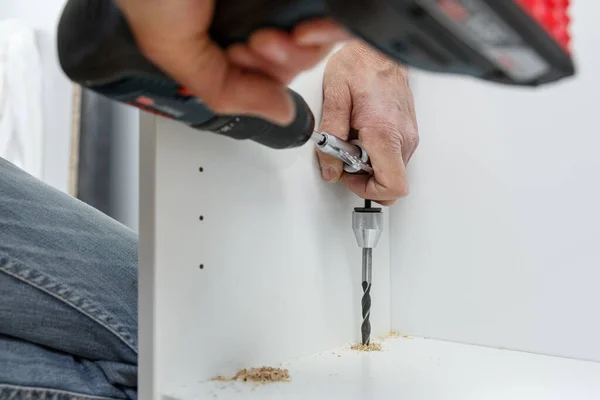 Carpenter Using Angle Drilling Bit Adapter Furniture Making Process Carpentry — Zdjęcie stockowe