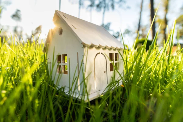 Modelo Una Casa Madera Blanca Césped Hierba Verde Eco Concepto — Foto de Stock