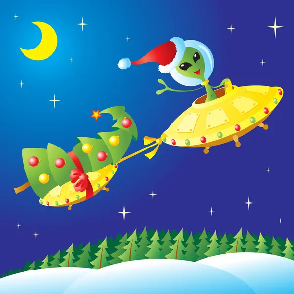 Alien con árbol de Navidad Vector de stock