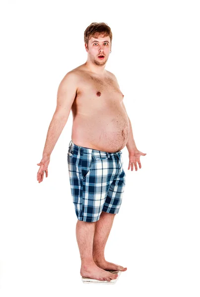 Overweight, fat man and scales. Royalty Free Stock Images
