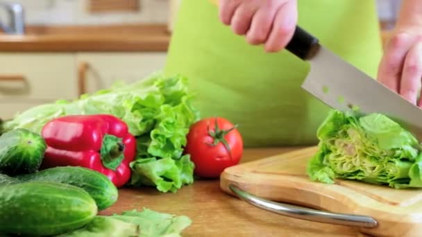 Mains de femme coupant des légumes — Video