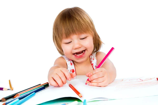 Menina bebê desenha lápis — Fotografia de Stock