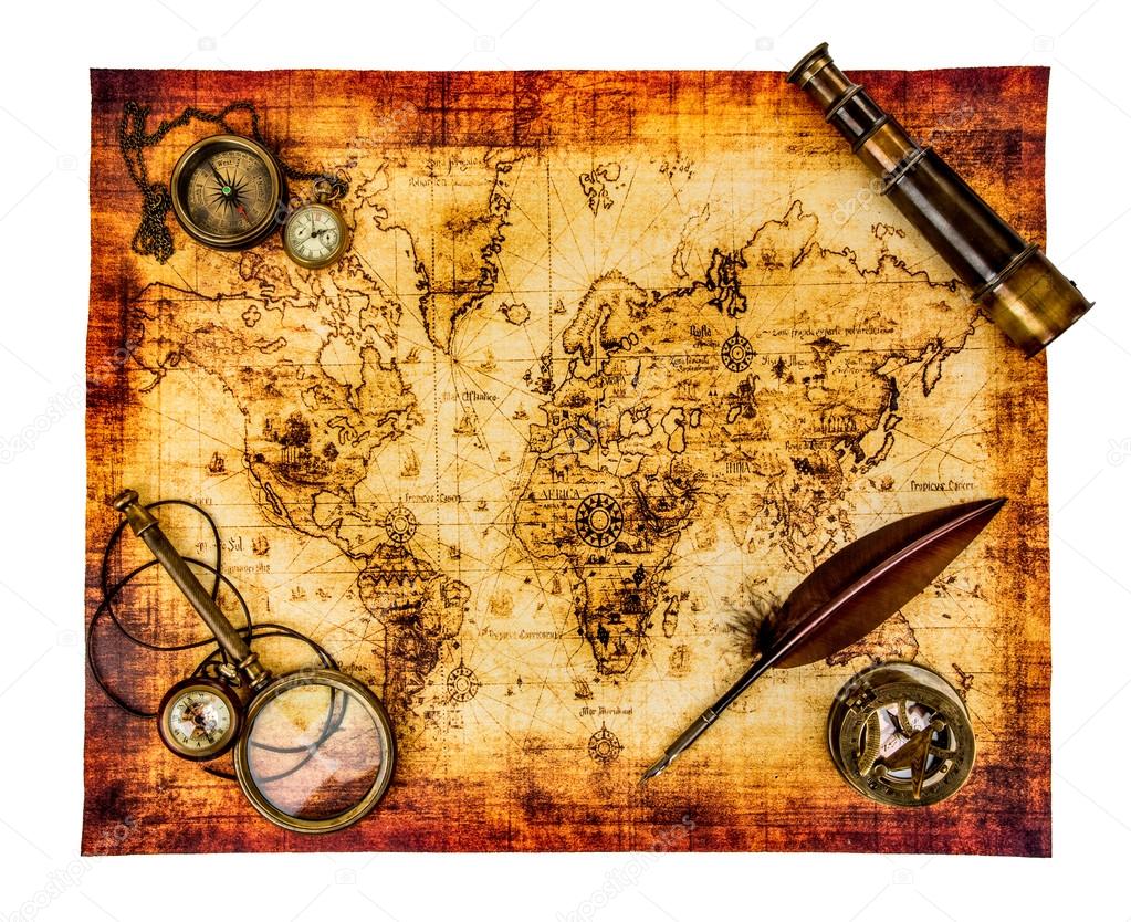 Vintage still life. Ancient world map isolated on white.