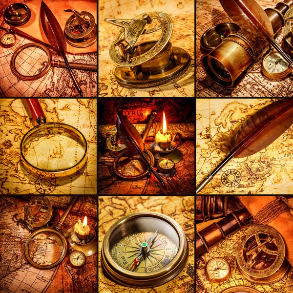 Vintage still life. Vintage items on ancient map. — Stock Photo, Image