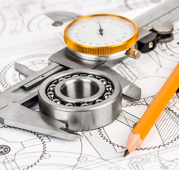 Ball bearings on technical drawing — Stock Photo, Image