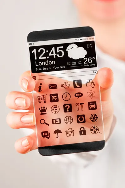 Smartphone avec écran transparent dans les mains humaines . — Photo