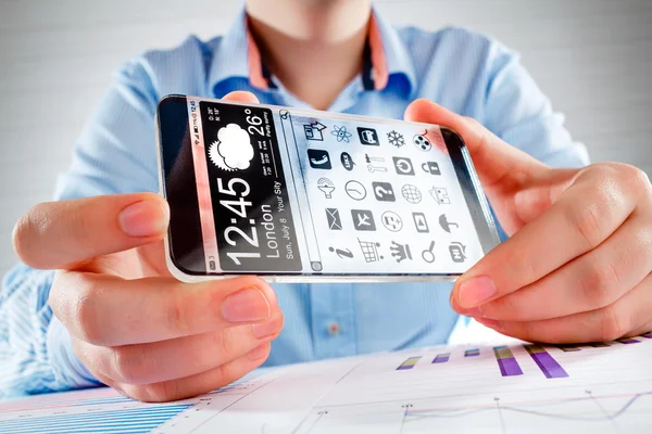 Smartphone with transparent screen in human hands. — Stock Photo, Image