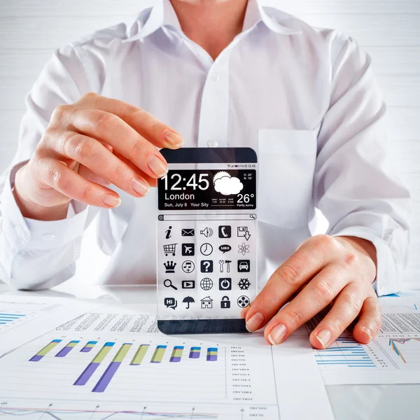 Smartphone with transparent screen in human hands. — Stock Photo, Image