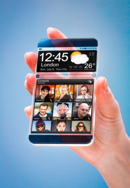 insan elinde şeffaf ekranlı akıllı telefon.