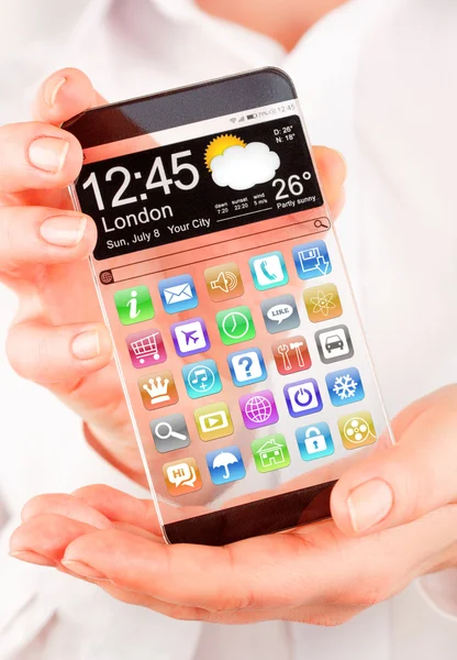 Smartphone avec écran transparent dans les mains humaines . — Photo