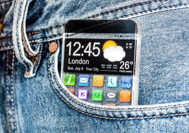 kot pantolon cebinde şeffaf ekranlı akıllı telefon.