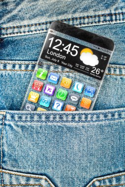 kot pantolon cebinde şeffaf ekranlı akıllı telefon.