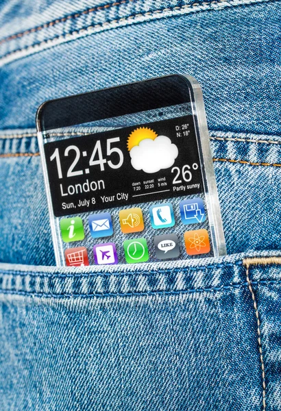 Smartphone met een doorzichtig scherm in een zak jeans. — Stockfoto