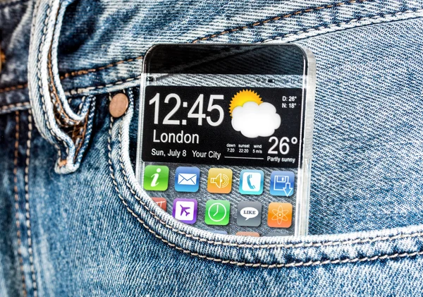 Smartphone avec écran transparent dans une poche de jeans . — Photo