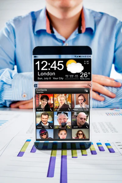 Smartphone with transparent screen in human hands. — Stock Photo, Image