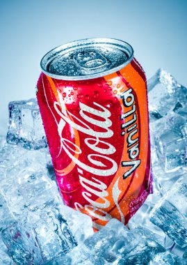 Can of Coca-Cola Vanilla on ice. clipart