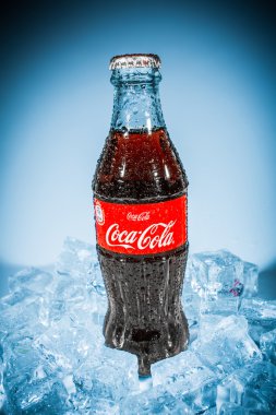 buz üstünde coca-cola şişesi.