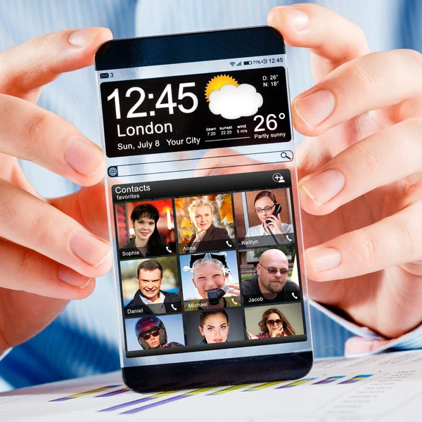 Smartphone with transparent screen in human hands. — Stock Photo, Image