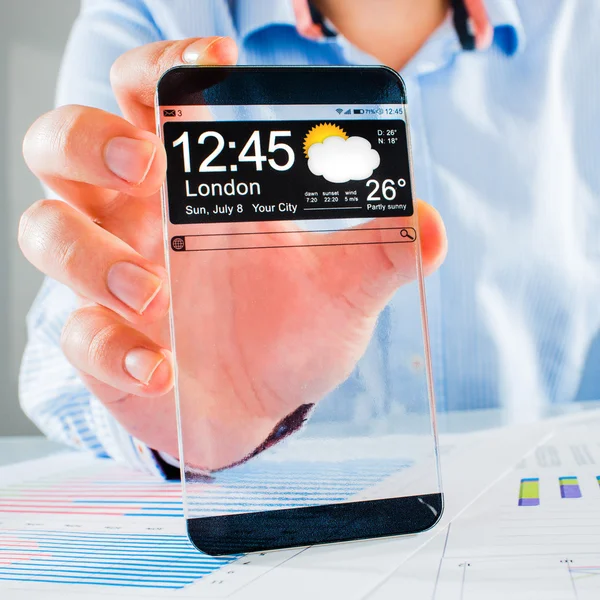 Smartphone with transparent screen in human hands. — Stock Photo, Image