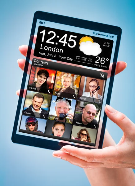 Tablet with transparent screen in human hands. — Stock Photo, Image