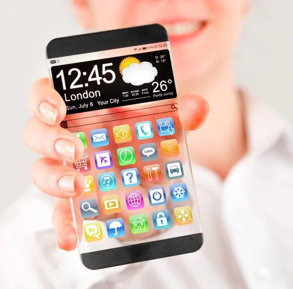 Smartphone with transparent screen in human hands. — Stock Photo, Image