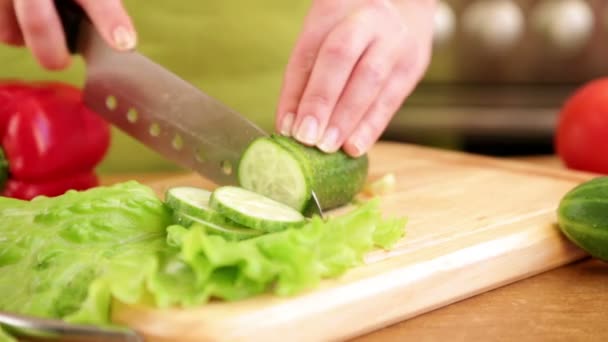 Mains de femme coupant des légumes — Video