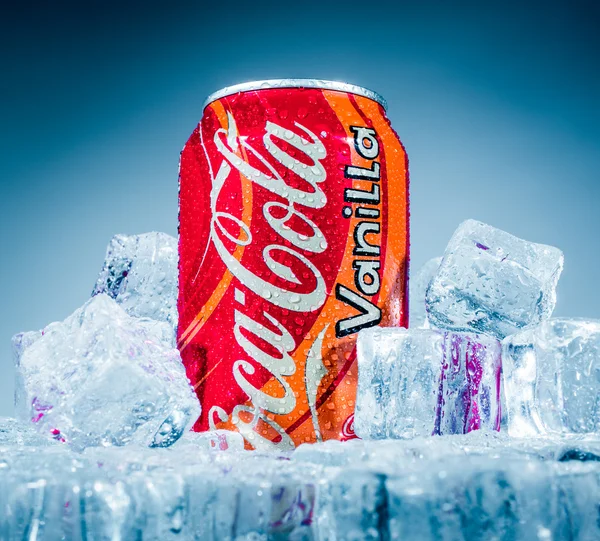 Can of Coca-Cola Vanilla on ice. — Stock Photo, Image