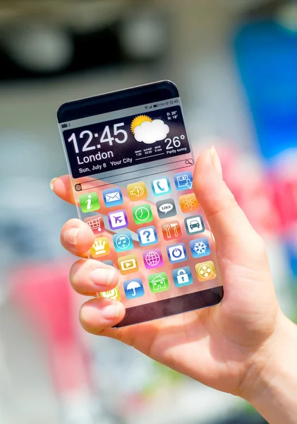 Smartphone with transparent screen in human hands. — Stock Photo, Image