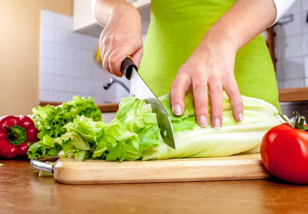 Mains de femme coupant des légumes — Photo