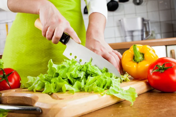 Mains de femme coupant des légumes — Photo