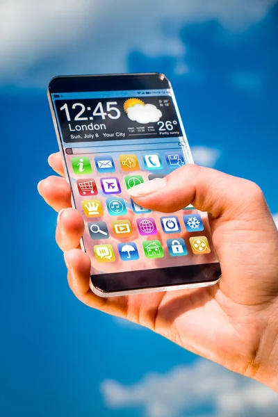 Smartphone with transparent screen in human hands. — Stock Photo, Image